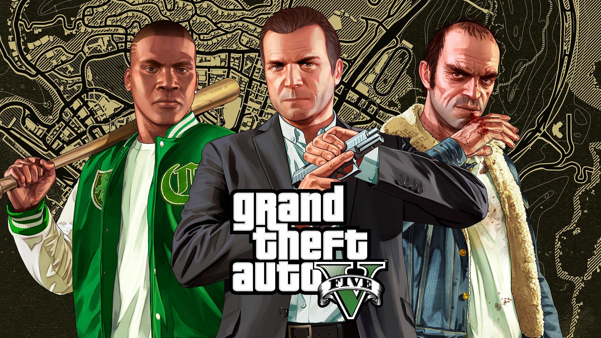 GTA 5 keyart showing Franklin, Michael and Trevor