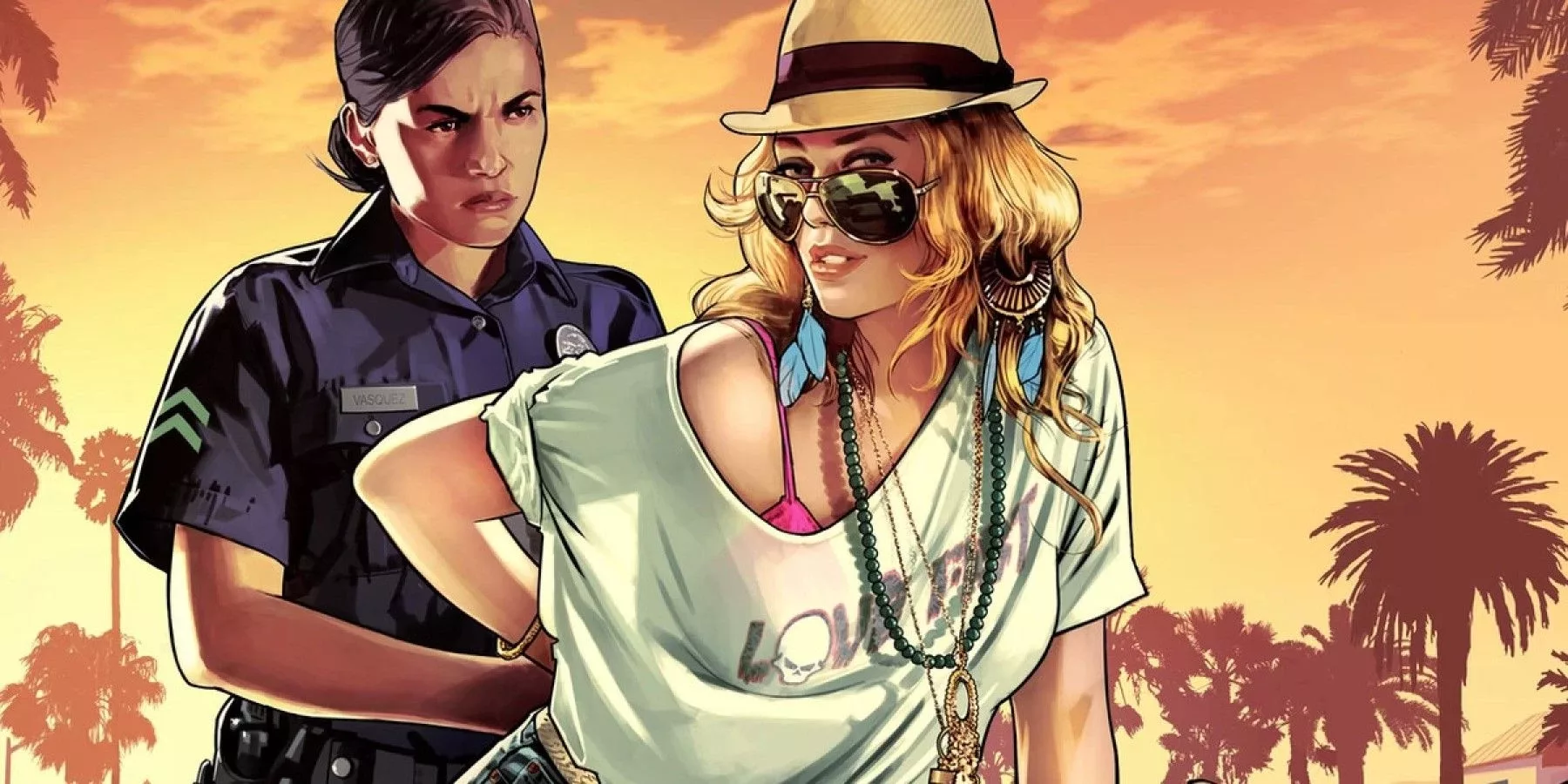 GTA 5 keyart showing a woman wearing a hat and sunglasses being arrested by a female police officer