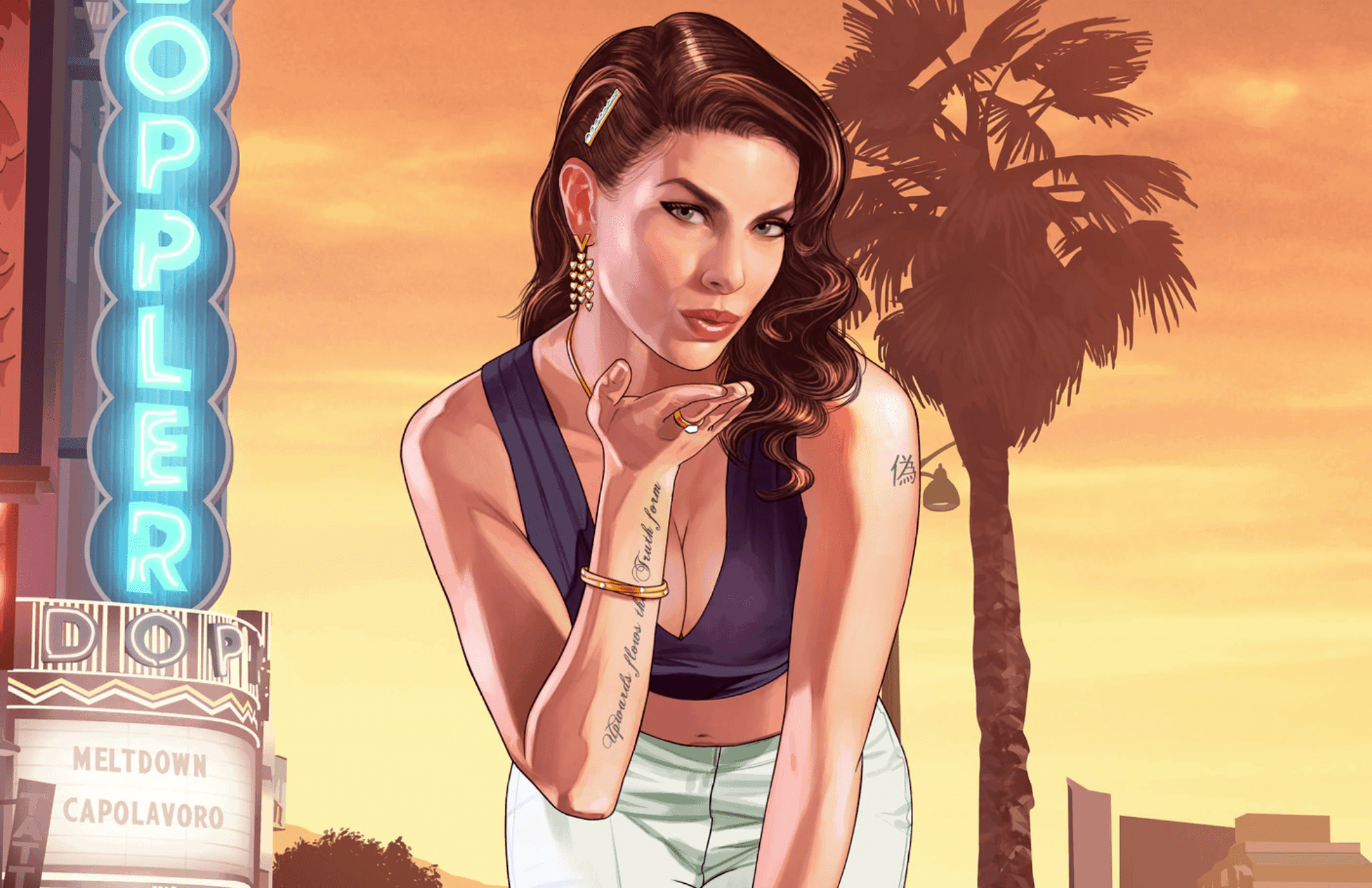 GTA 5 keyart showing a woman blowing a kiss infront of an old school cinema with a neon sign attached to it