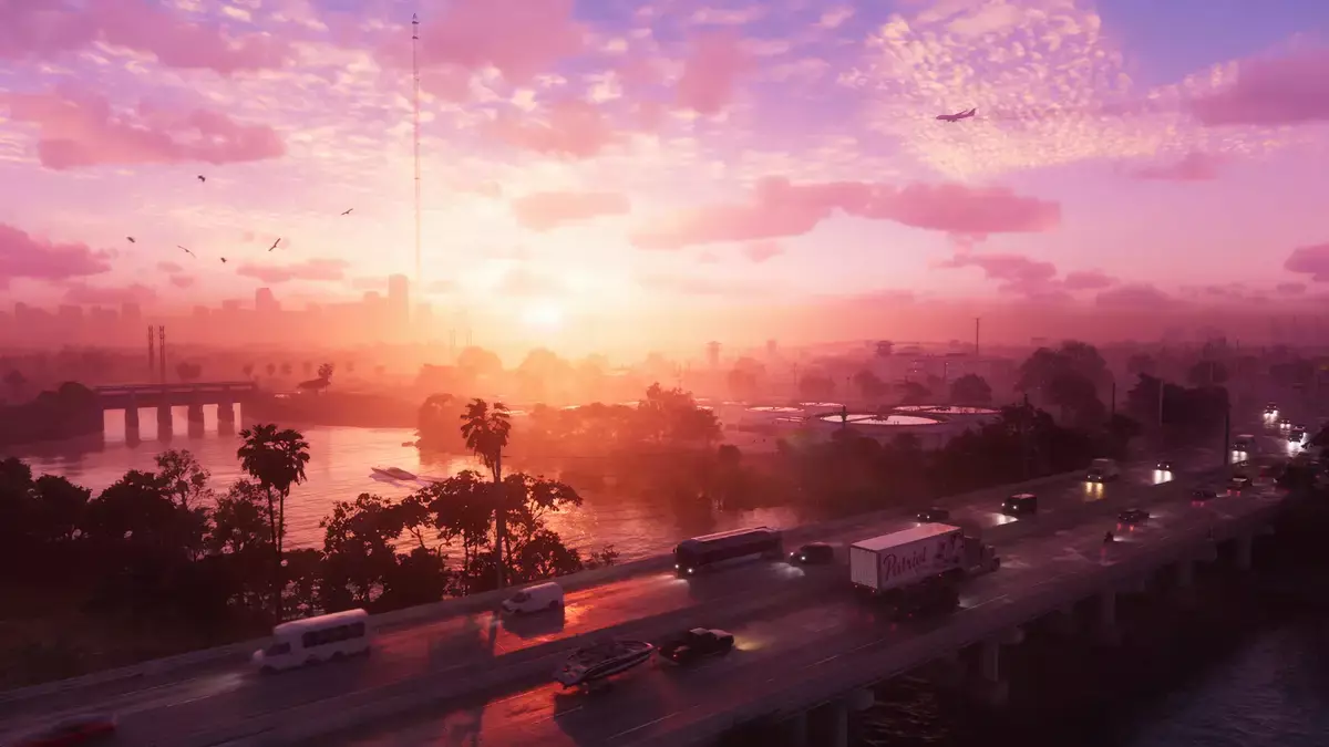 GTA 6 street full of cars with a pink sunset in the background