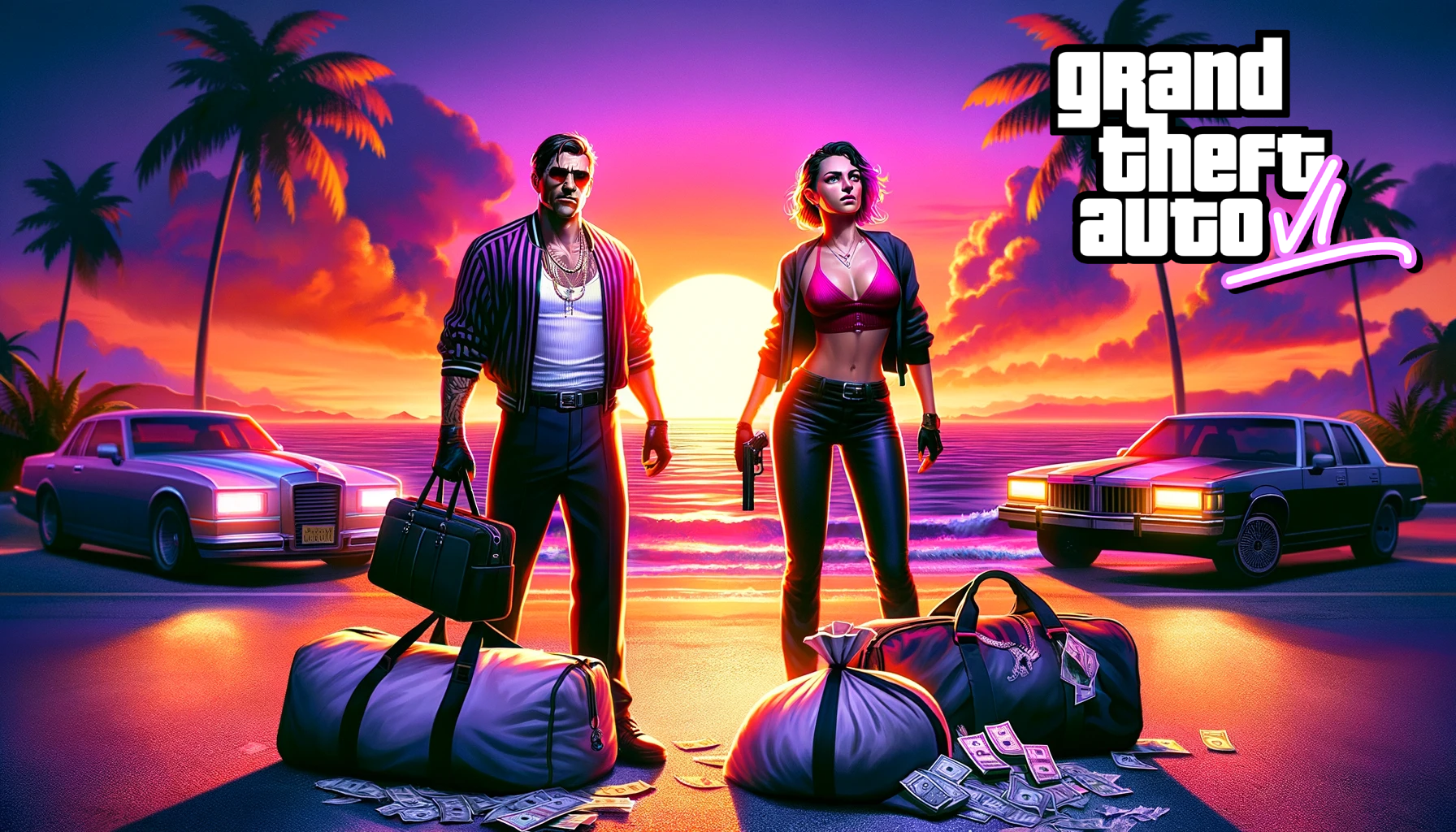 AI-generated GTA 6 image showing a man and a woman in front of the setting sun and two getaway cars, with duffle bag full of money in front of them