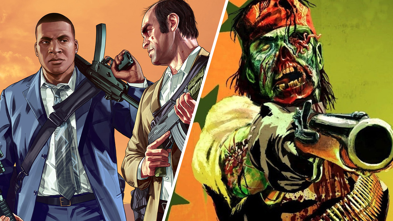 Franklin and Trevor in GTA 5 next to zombie cowboy from Undead Nightmare