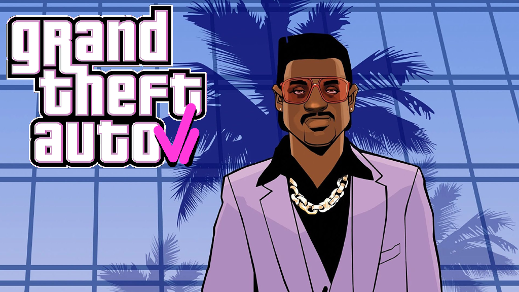 logo de Grand Theft Auto 6 y un personaje de GTA Vice City