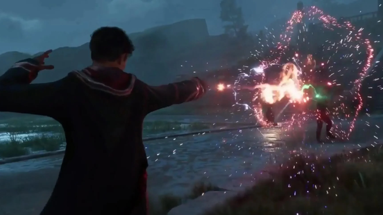 A wizard casting a spell in Hogwarts Legacy