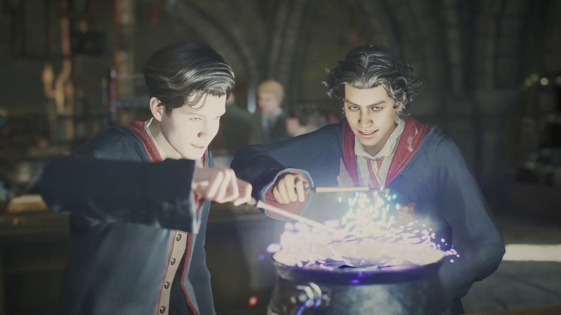 Two students brewing a potion in Hogwarts Legacy