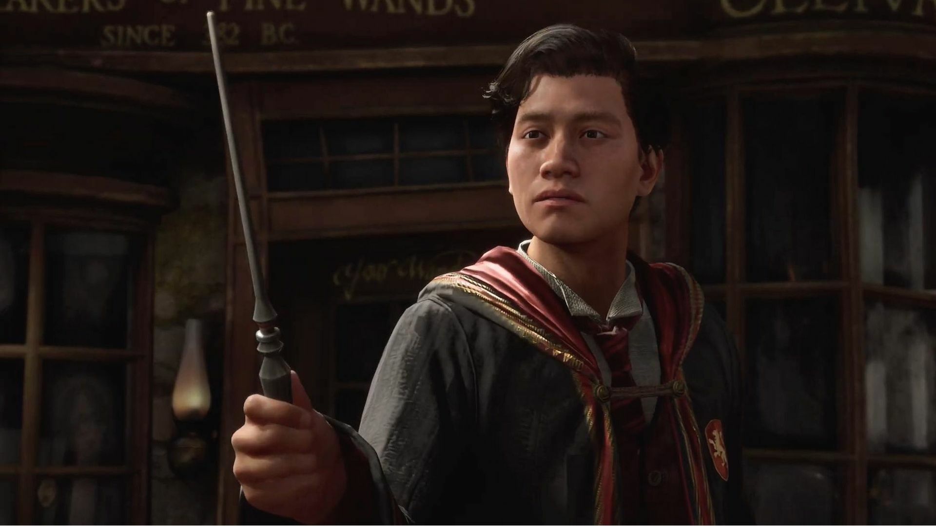 Wizard holding wand in Hogwarts Legacy