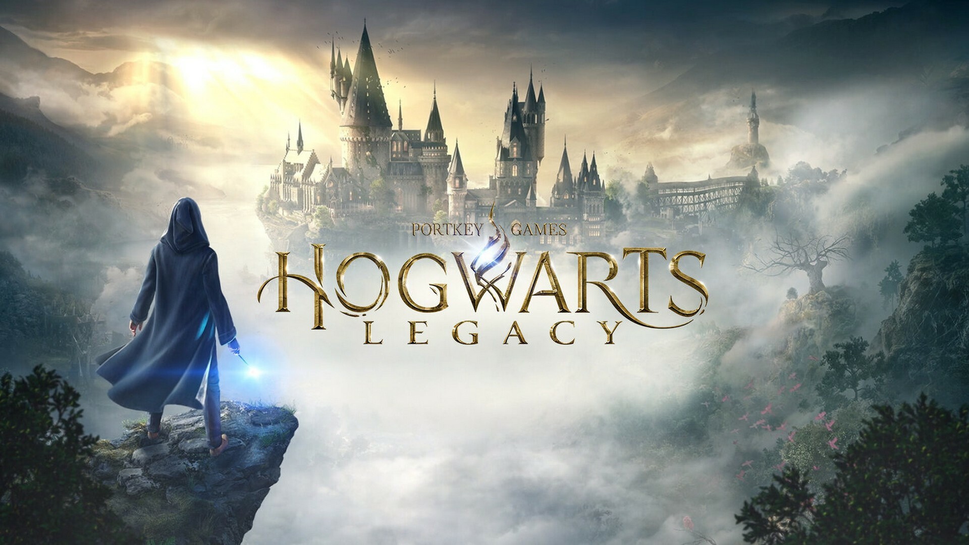 Hogwarts Legacy keyart showing a robed wizard standing on a cliff