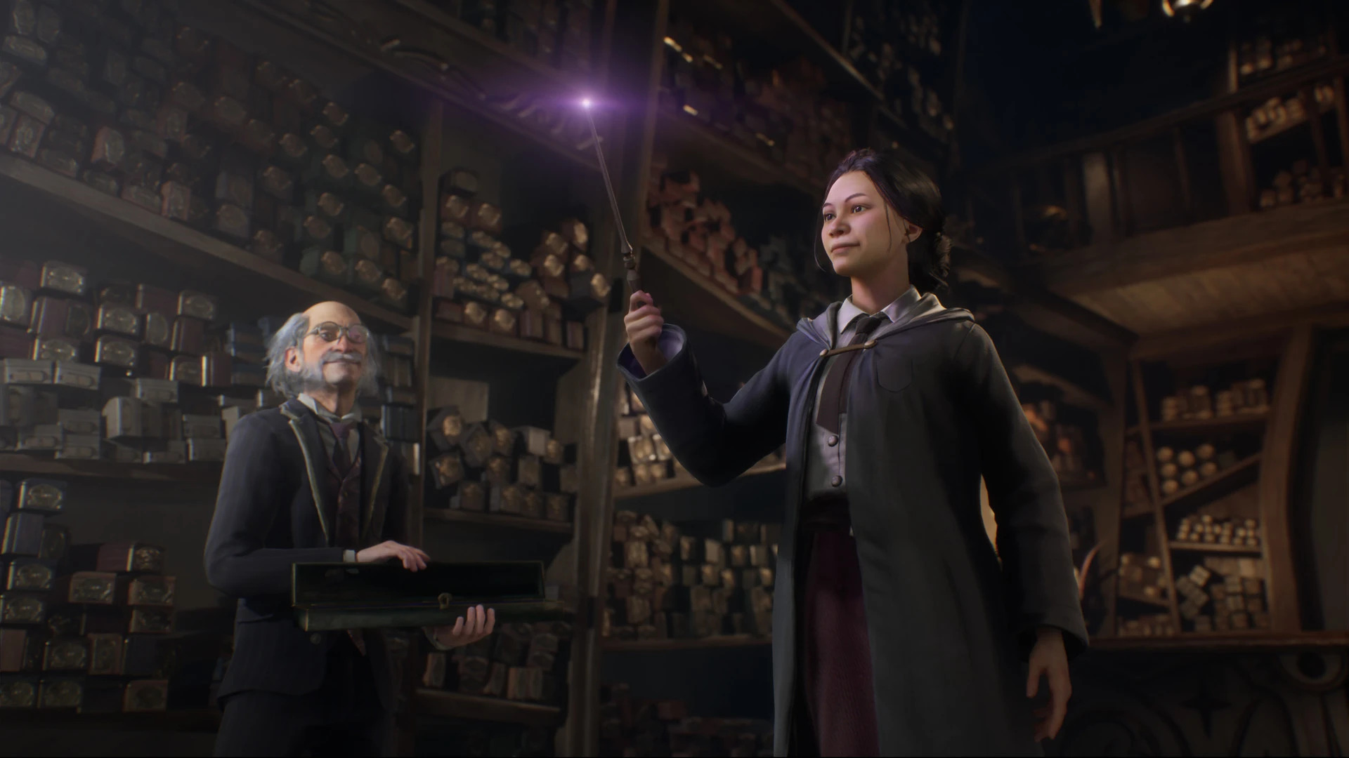 Young wizard with her wand, watched by a professor in Hogwarts Legacy