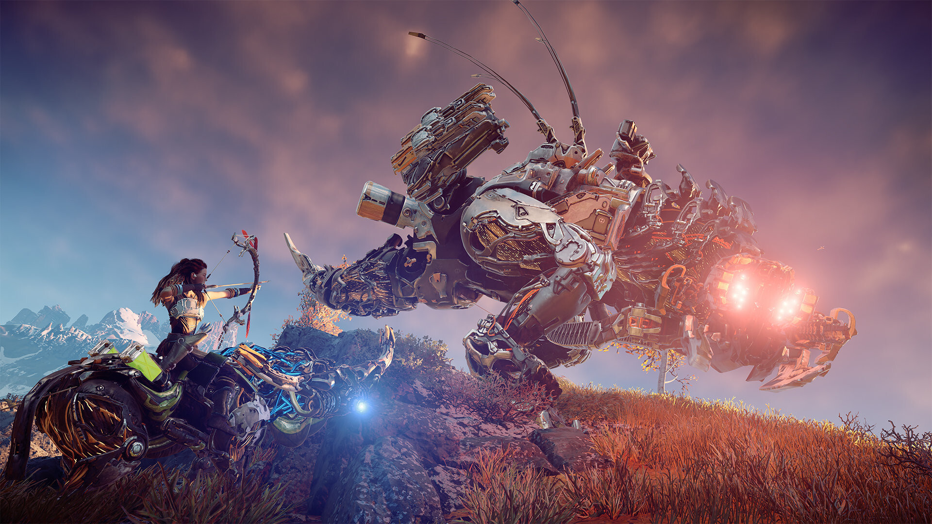 Aloy fighting a robo dinosaur in Horizon Zero Dawn