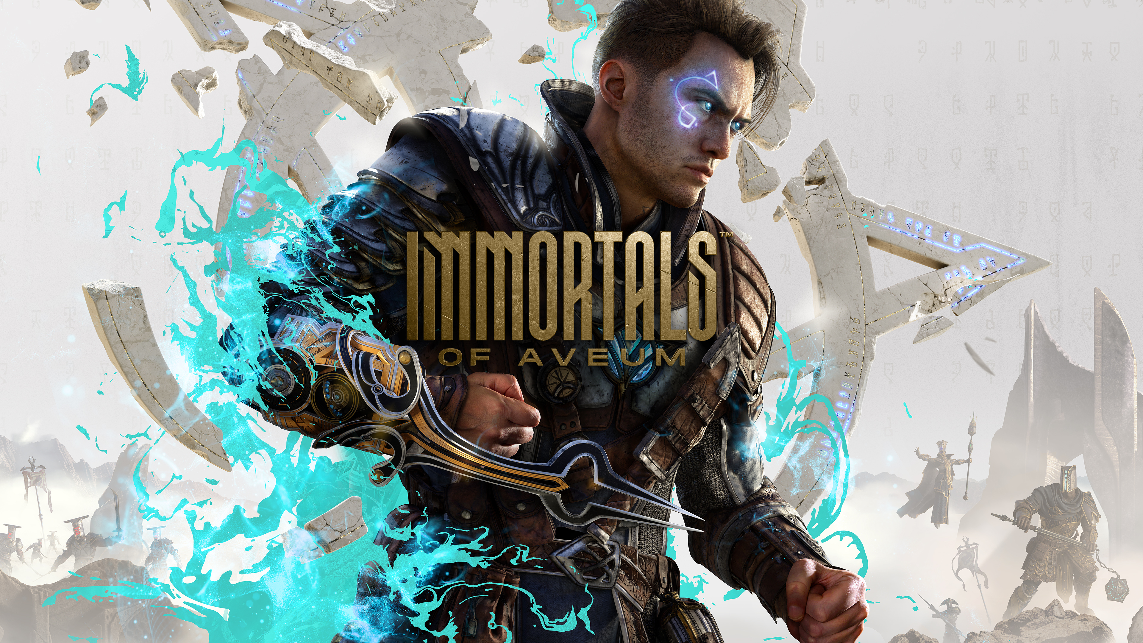 Logo de Immortals Of Aveum: Hombre con ojos azules y magia en segundo plano