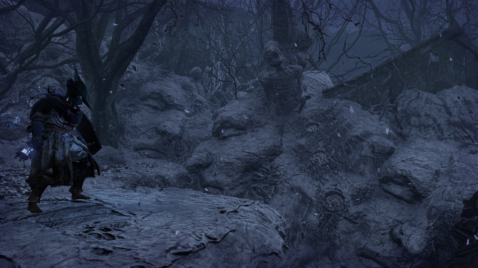 Player character staying next to rocks looking like faces in Lords of the Fallen's Umbral Realm