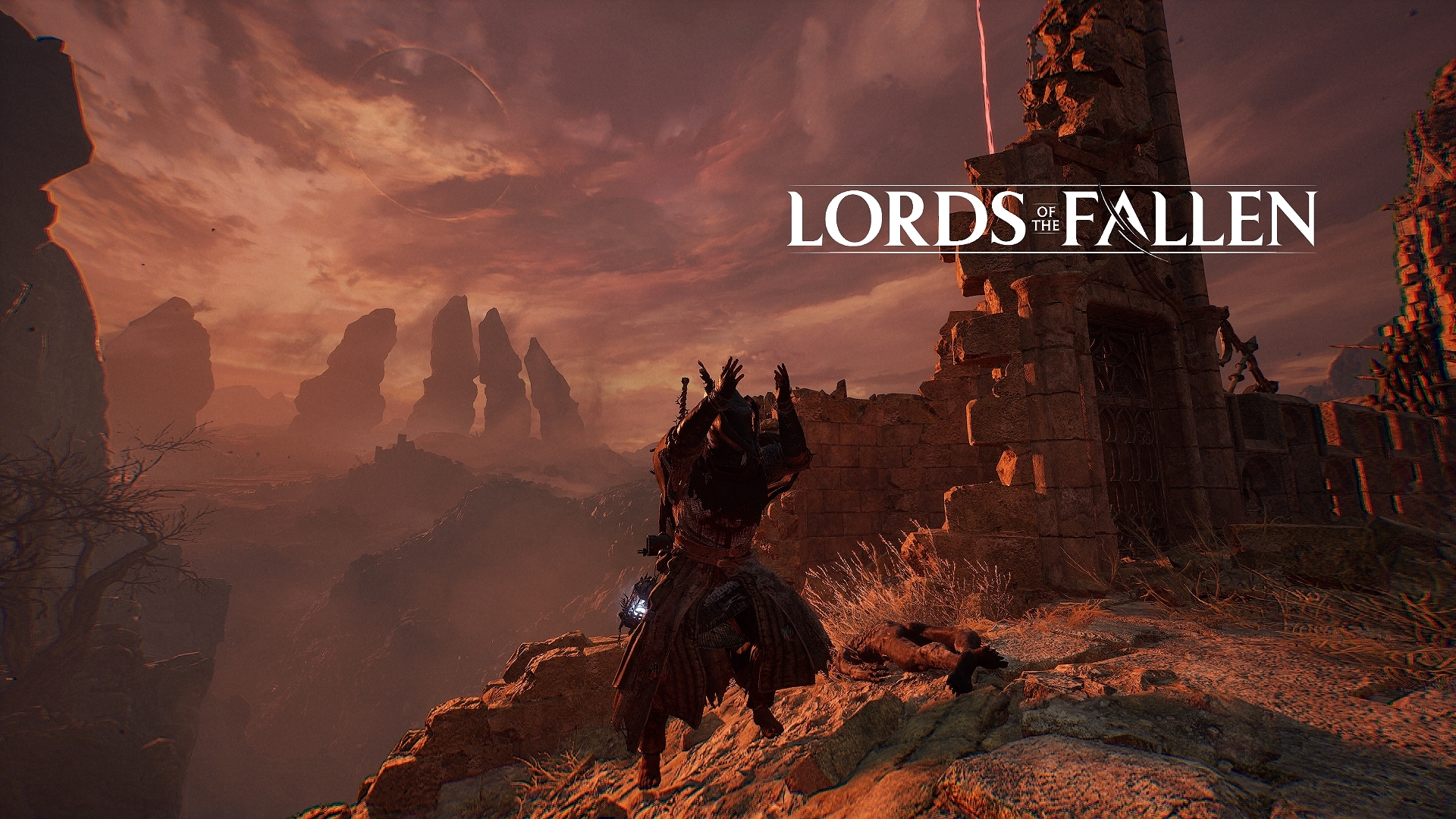 Lords of the Fallen player standing on a cliff in front of giant rocks looking like fingers coming out of the ground