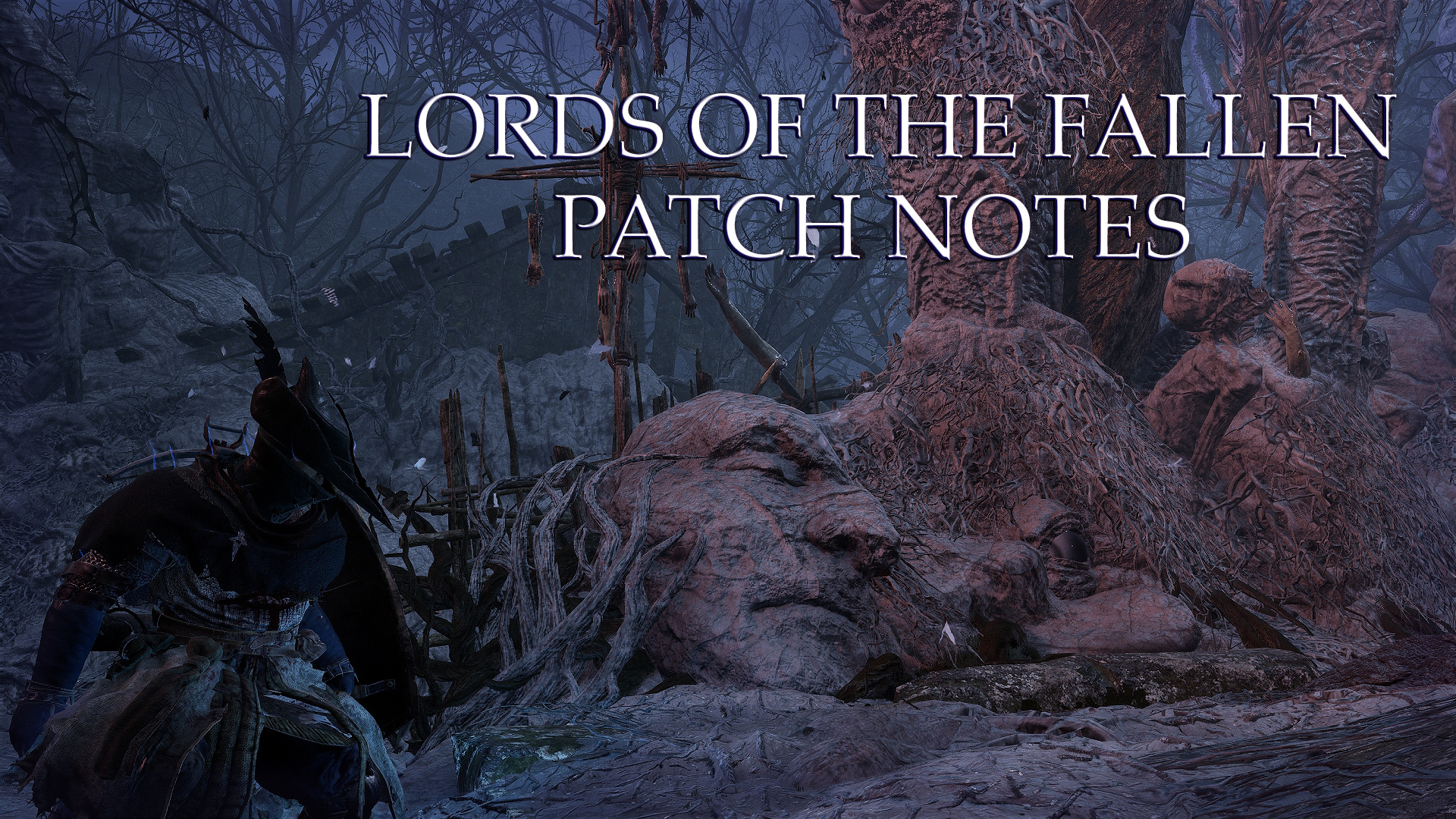 Player character in Lords of the Fallen standing next to a rock looking like face, at the top of the picture a text says