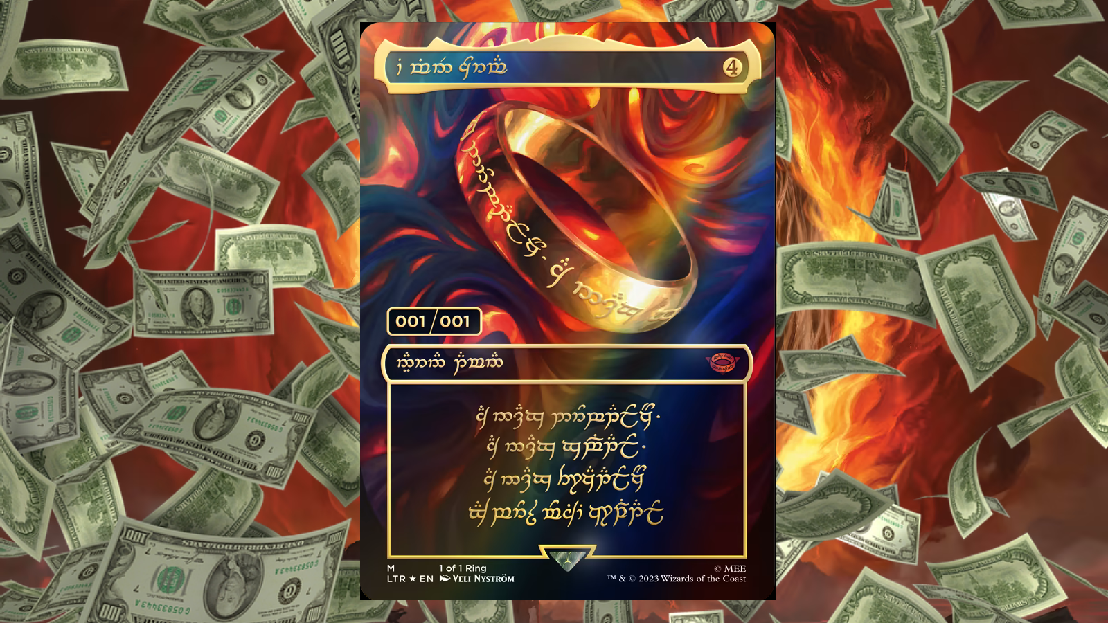 MTG The [One Ring card](poe://www.poe.com/_api/key_phrase?phrase=One%20Ring%20card&prompt=Tell%20me%20more%20about%20One%20Ring%20card.) with raining dollars