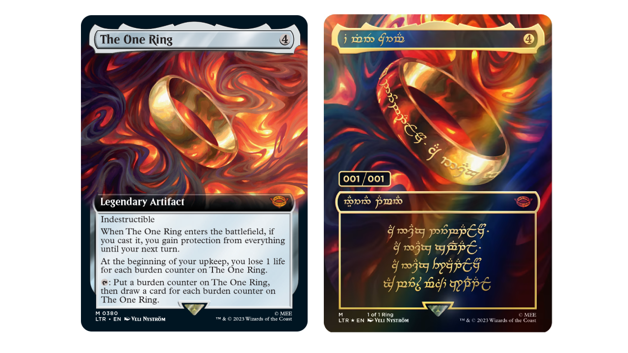 MTG Both variants of The One Ring: The regular mythic and the 1:1 serialized version that has been found