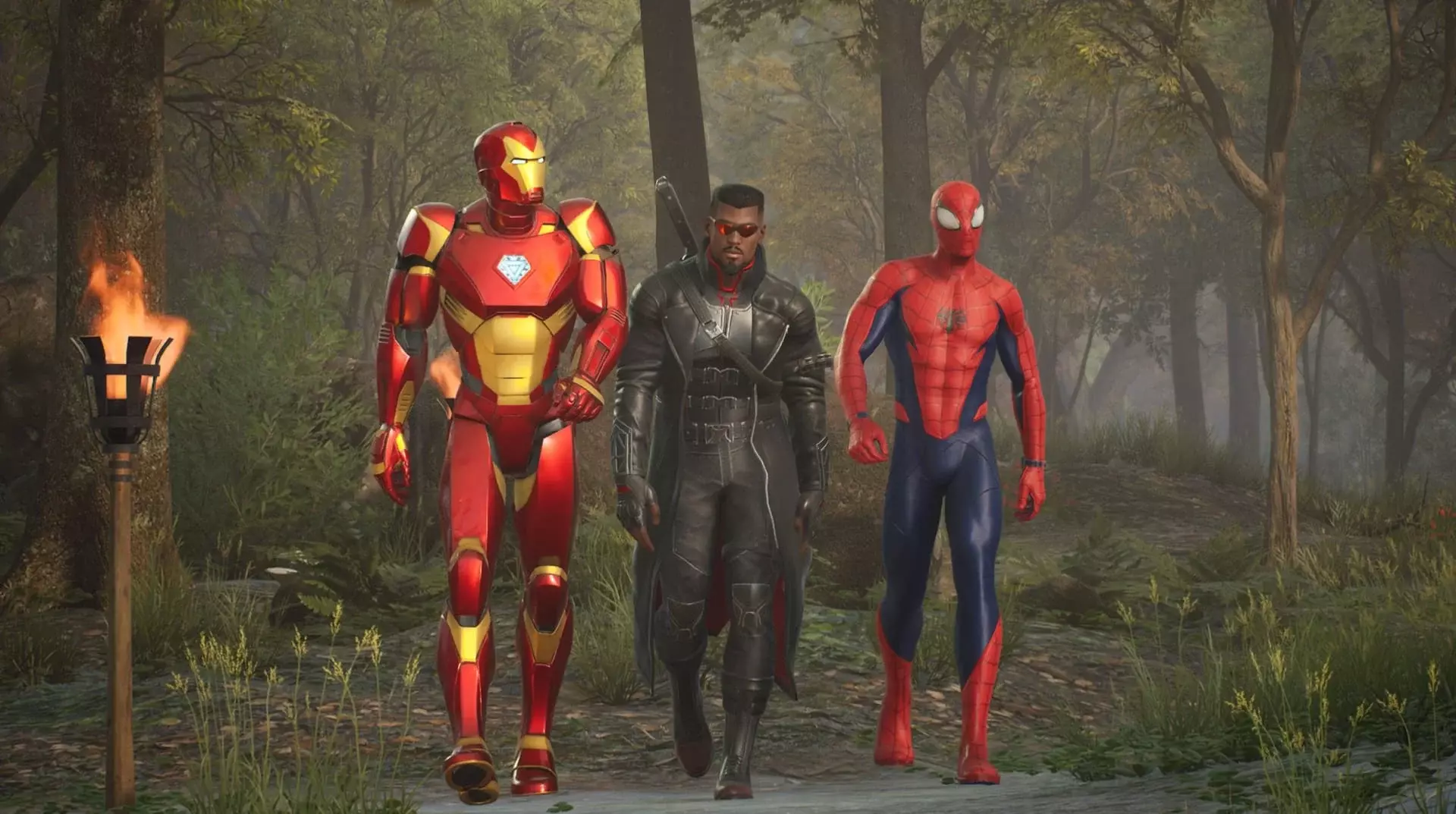 Iron Man, Blade and Spider-Man walking towards the camera in Marvel's Midnight Suns