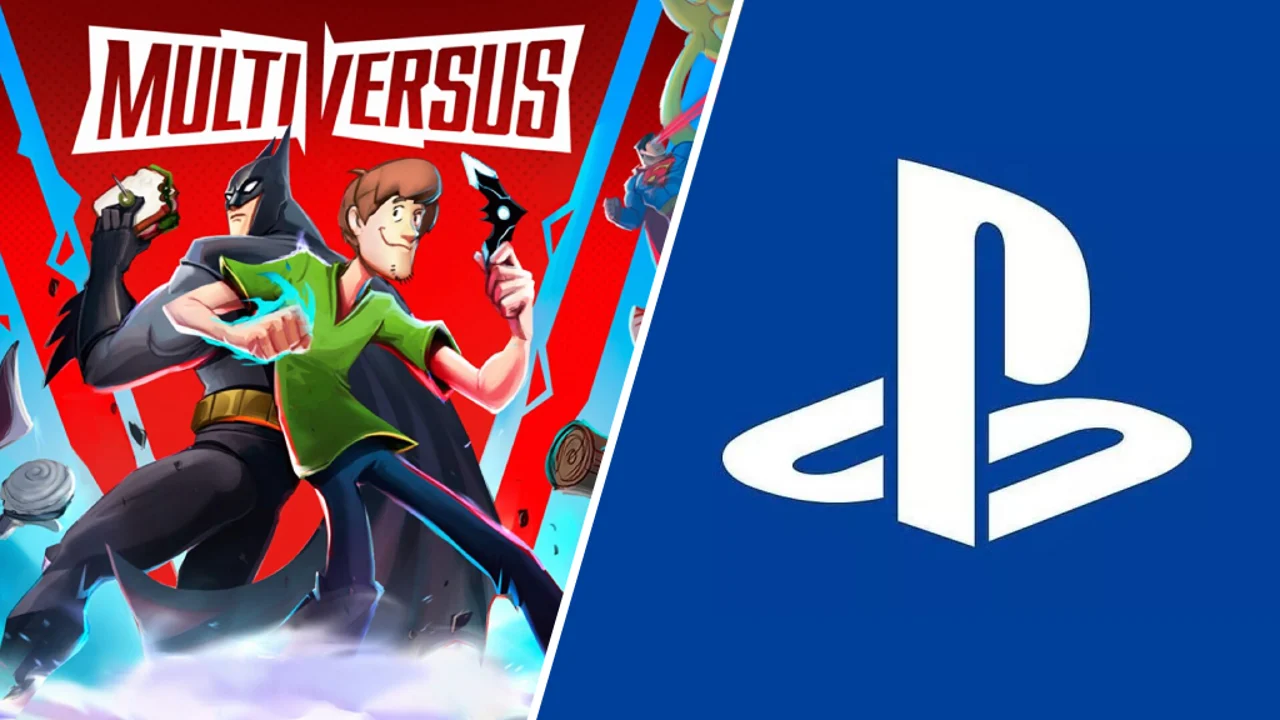 MultiVersus-characters like Batman and Superman on the left and the PlayStation-Logo on the right.