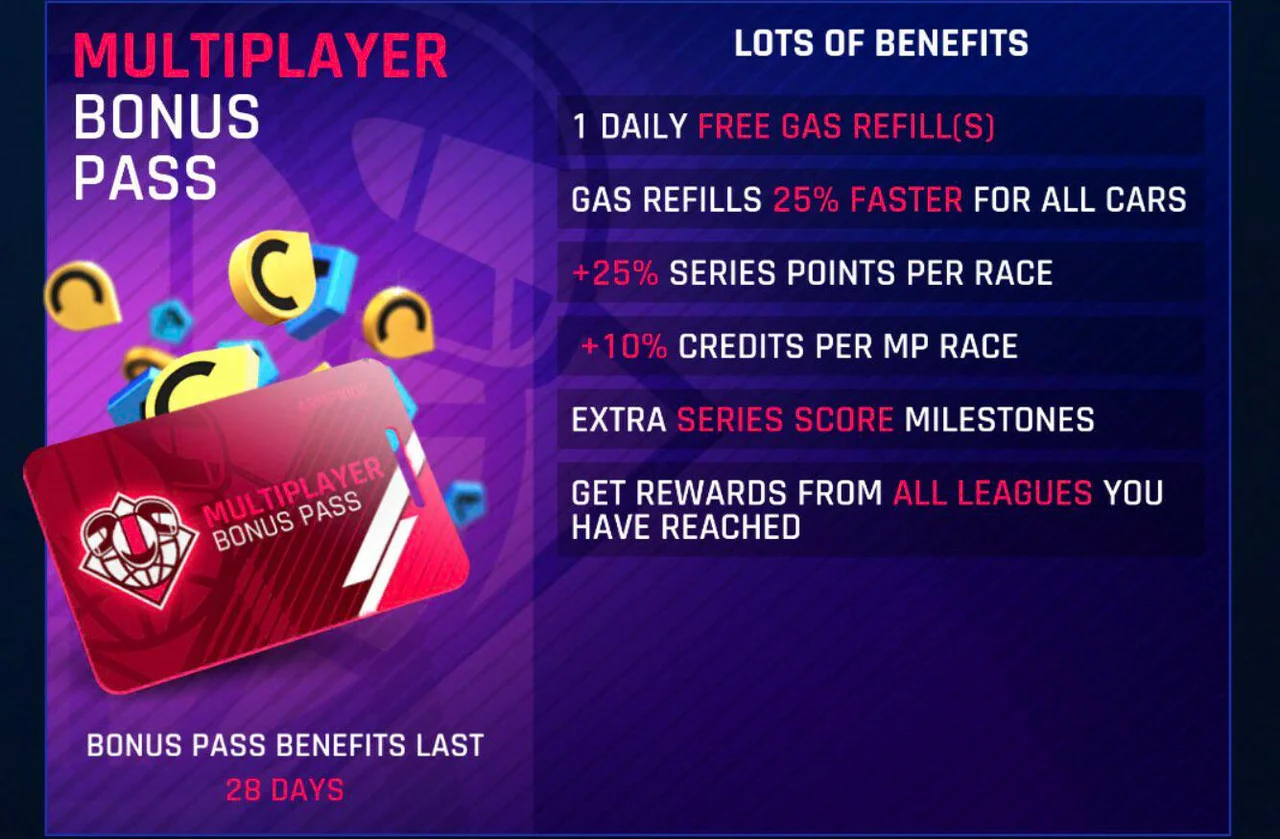 These are the perks of the new Multiplayer Bonus Pass in Asphalt 9! Gameloft