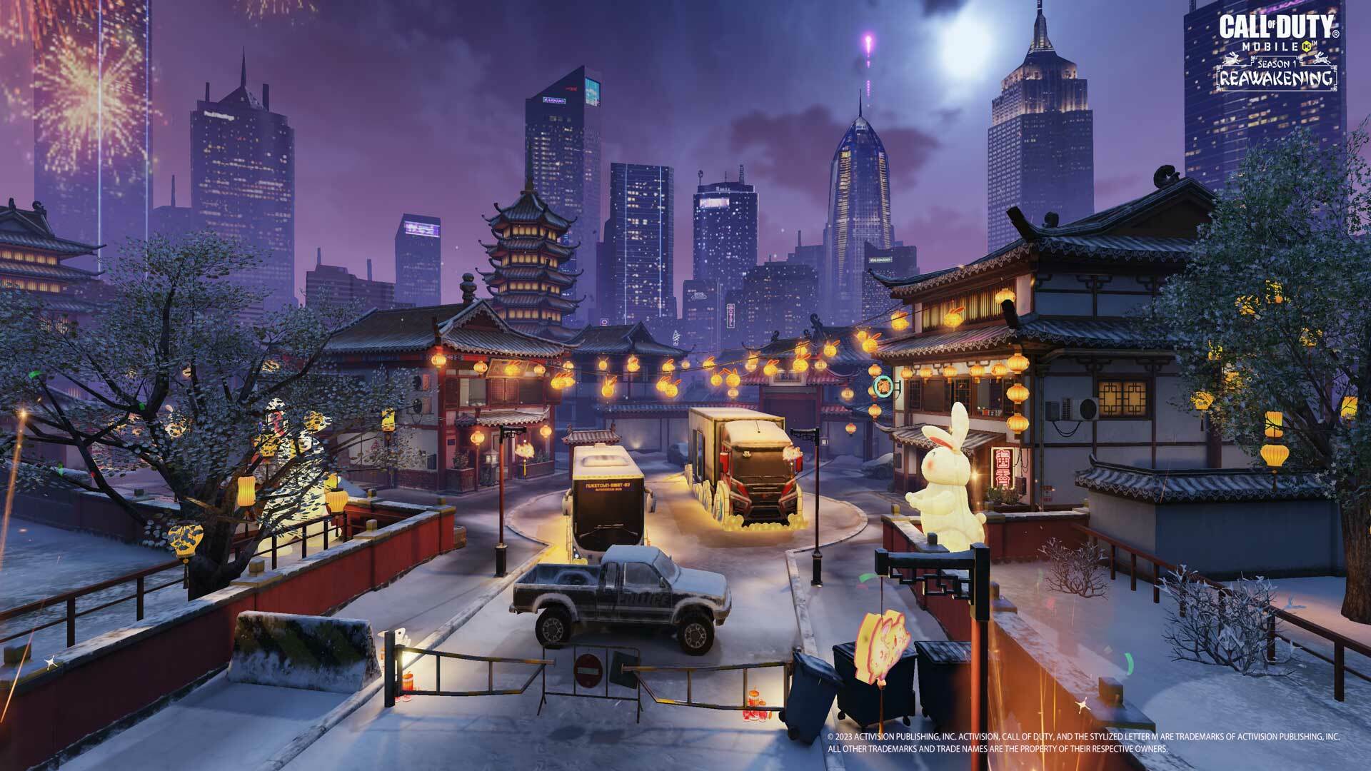 A screenshot of Call of Duty: Mobile's Nuketown map. It's night and red lanterns illuminate the houses and cars.