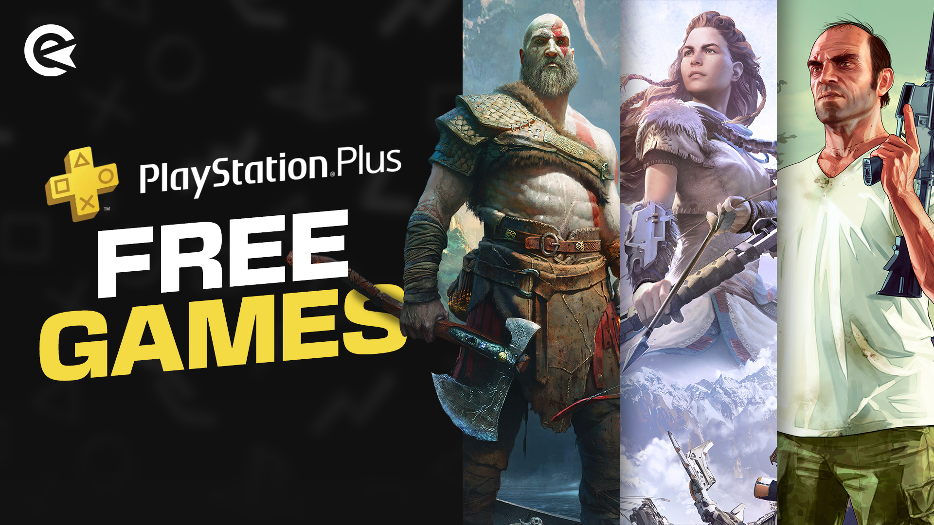 PS Plus Schriftzug mit God of War, Horizon und GTA 6