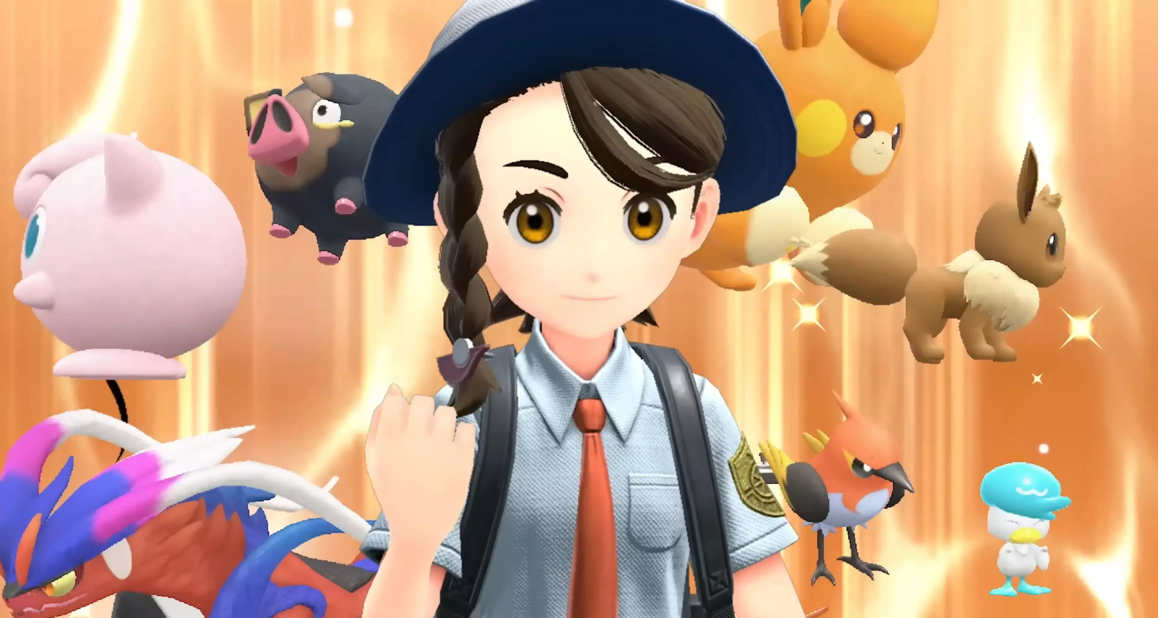 Trainer and several Pokémon surrounding them