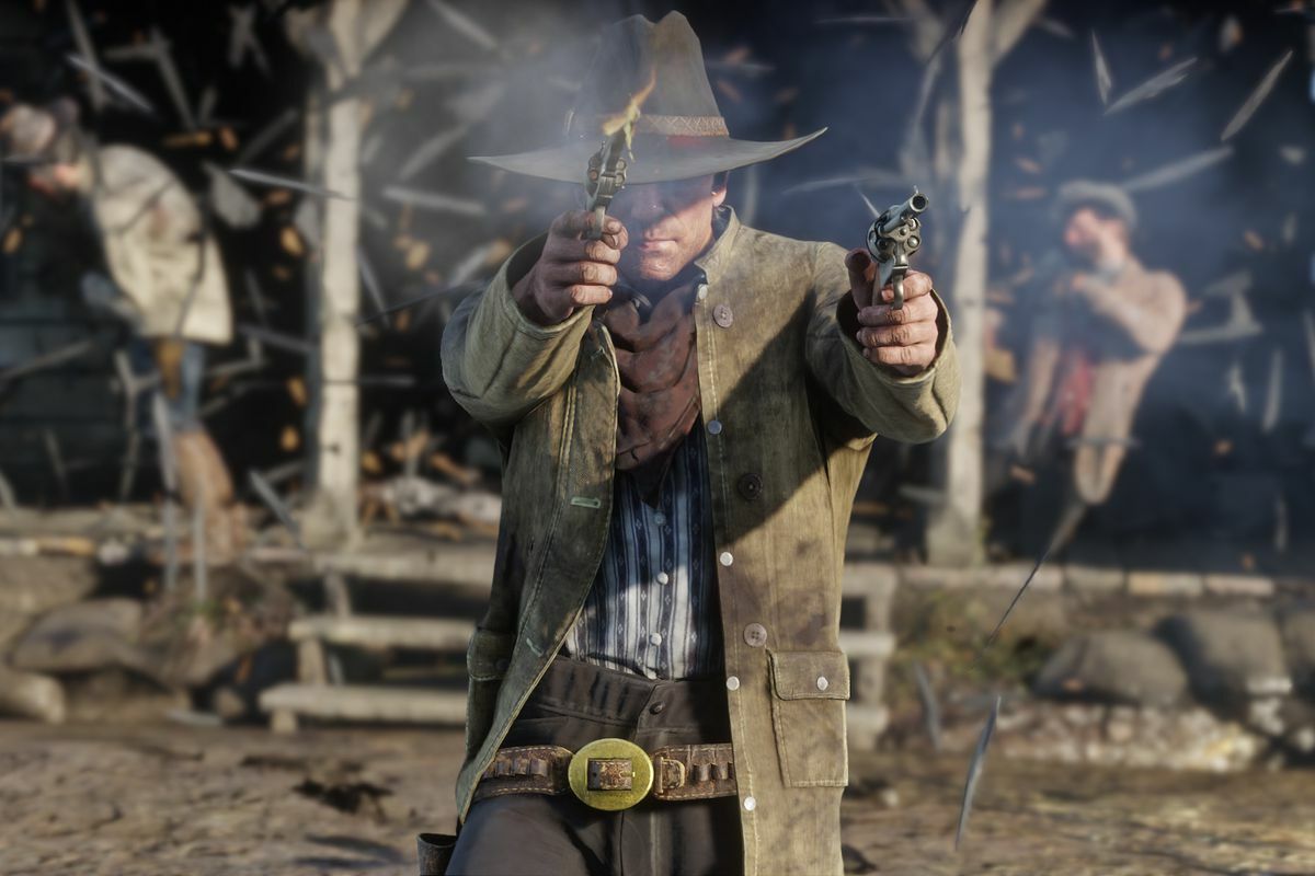 Arthur Morgan holding and firing one revolver in each hand