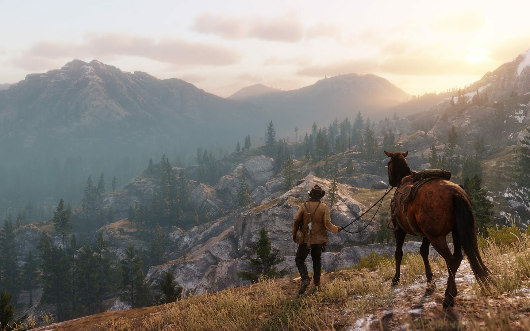 Hombre con su caballo mirando el paisaje en Red Dead Redemption 2