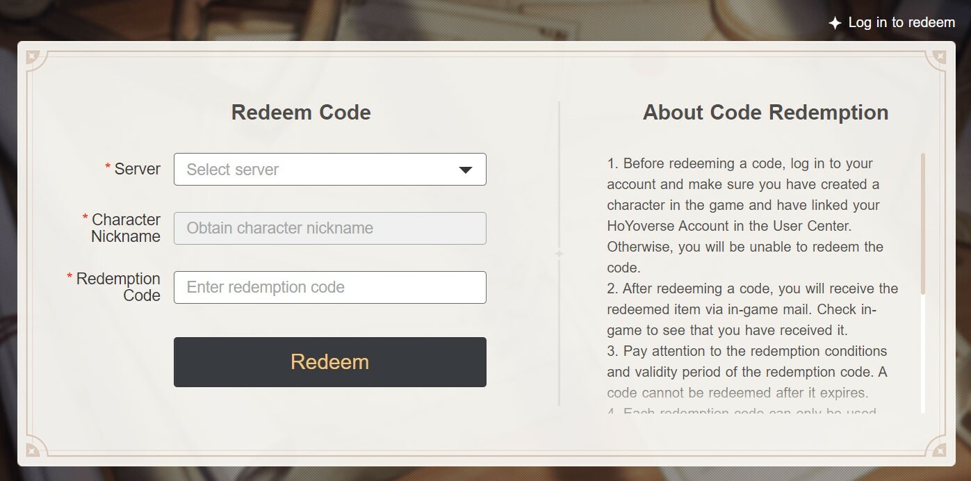 Redeem Codes Screen GI