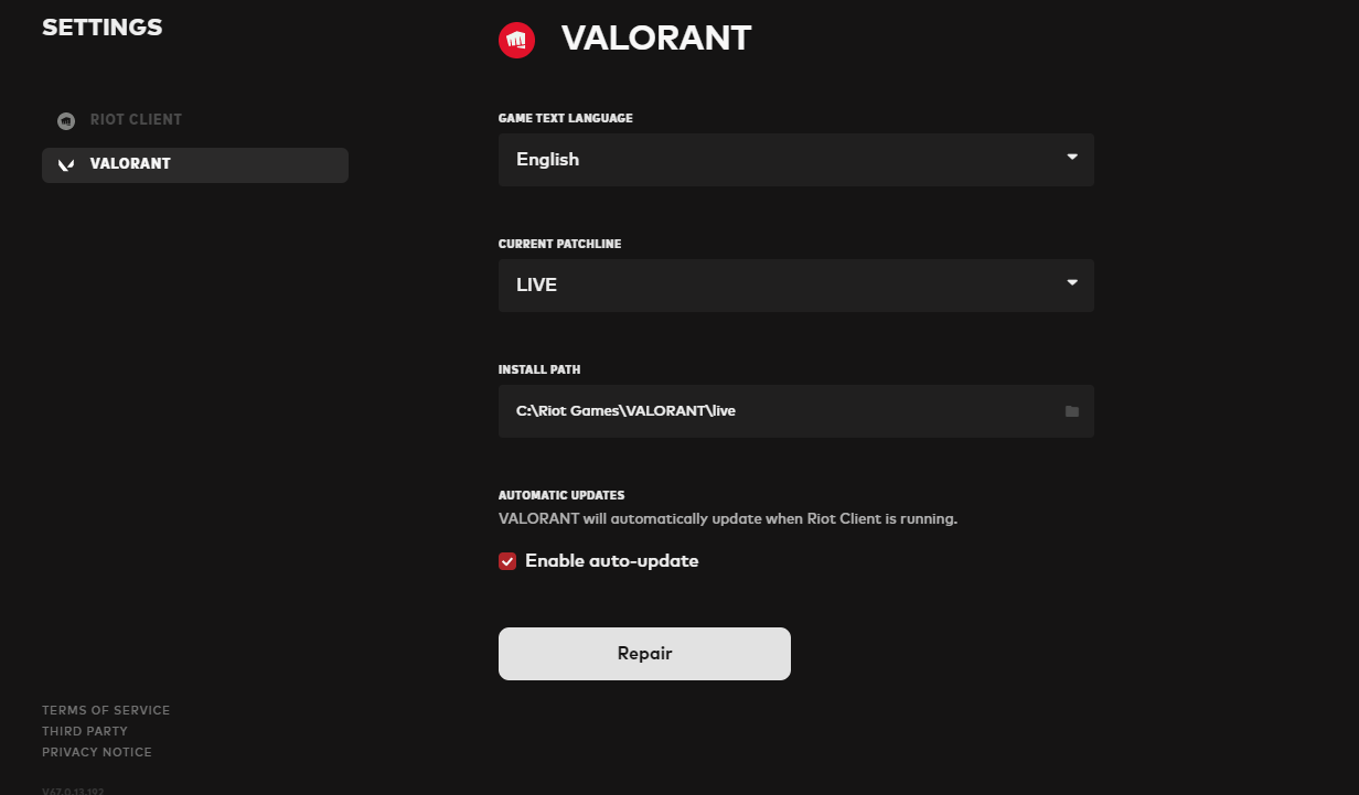 Repair Valorant Option