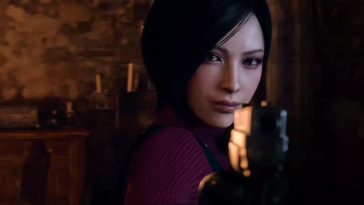 Ada Wong in Resident Evil 4 remake aiming towards the camera with a pistol