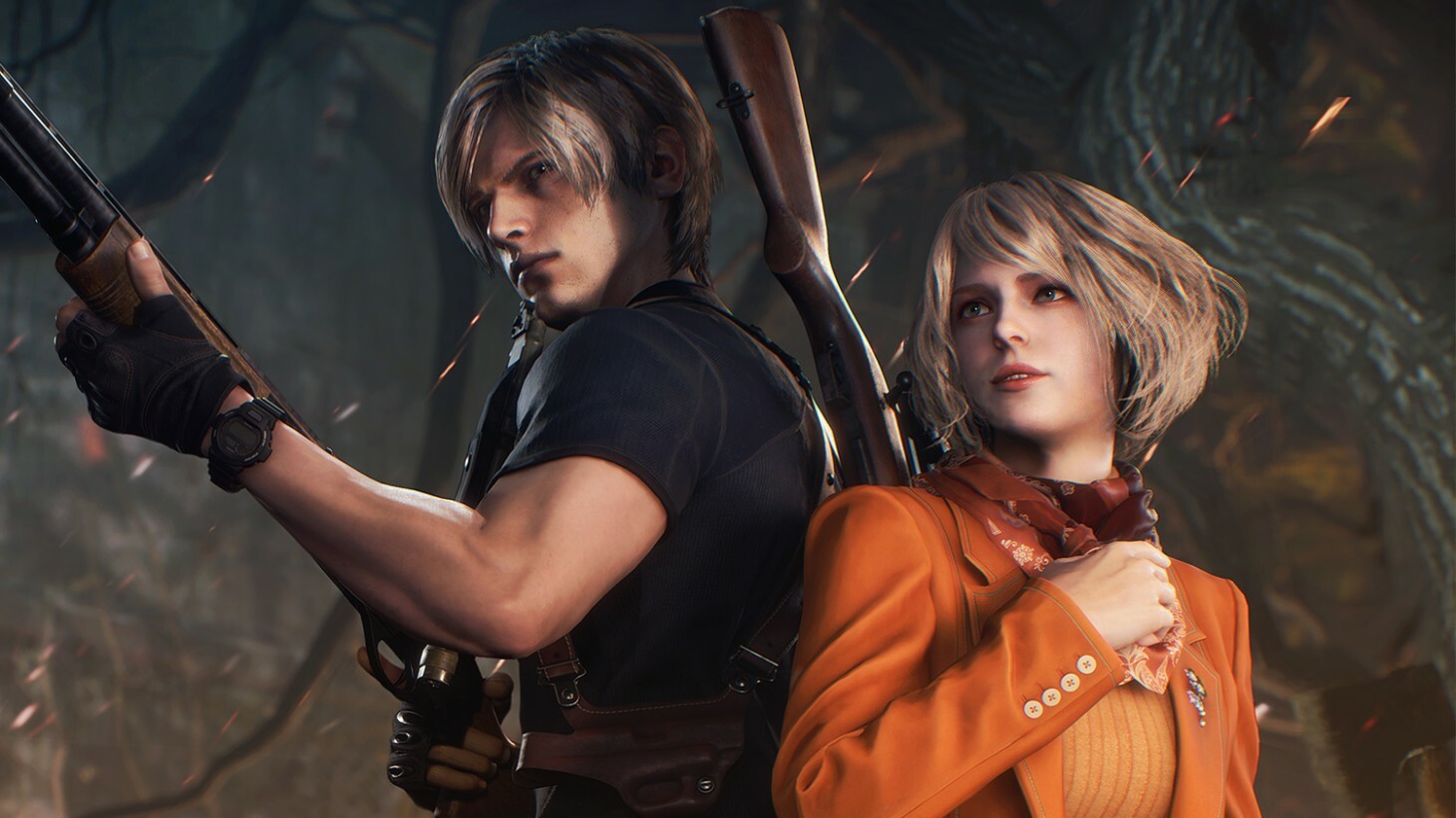 Leon and Ashley standing back to back in Resident Evil 4 Remake