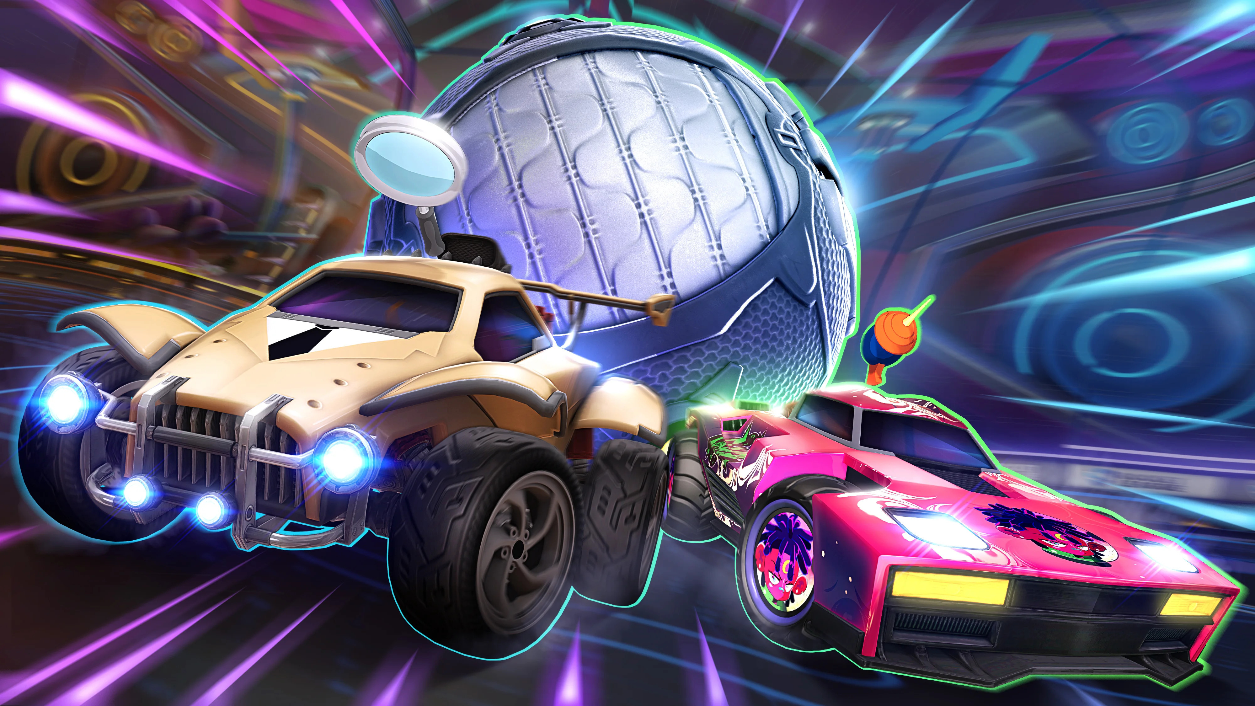 Rocket League Neon Nights 2023 pr picture two cars and a ball