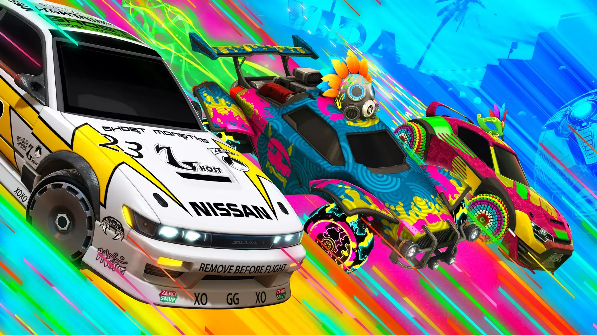 Rocket League season 11 keyart showing the Nissan and colorful new cosmetics