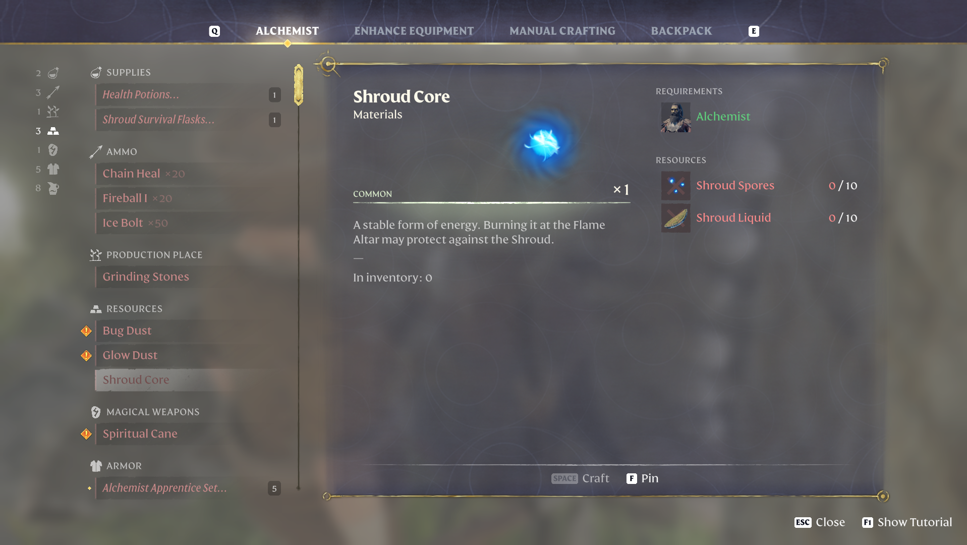 Shroud Core Menu