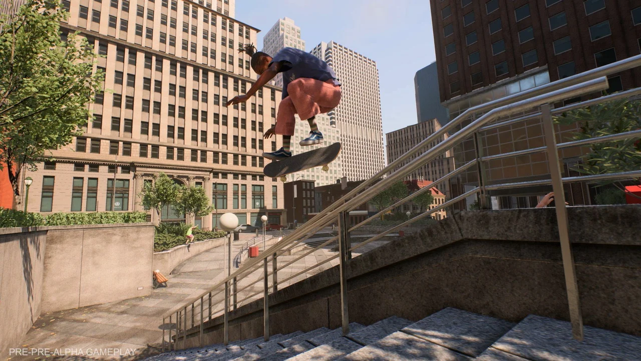 Skater in Skate. jumping over a flight of stairs in Fun City