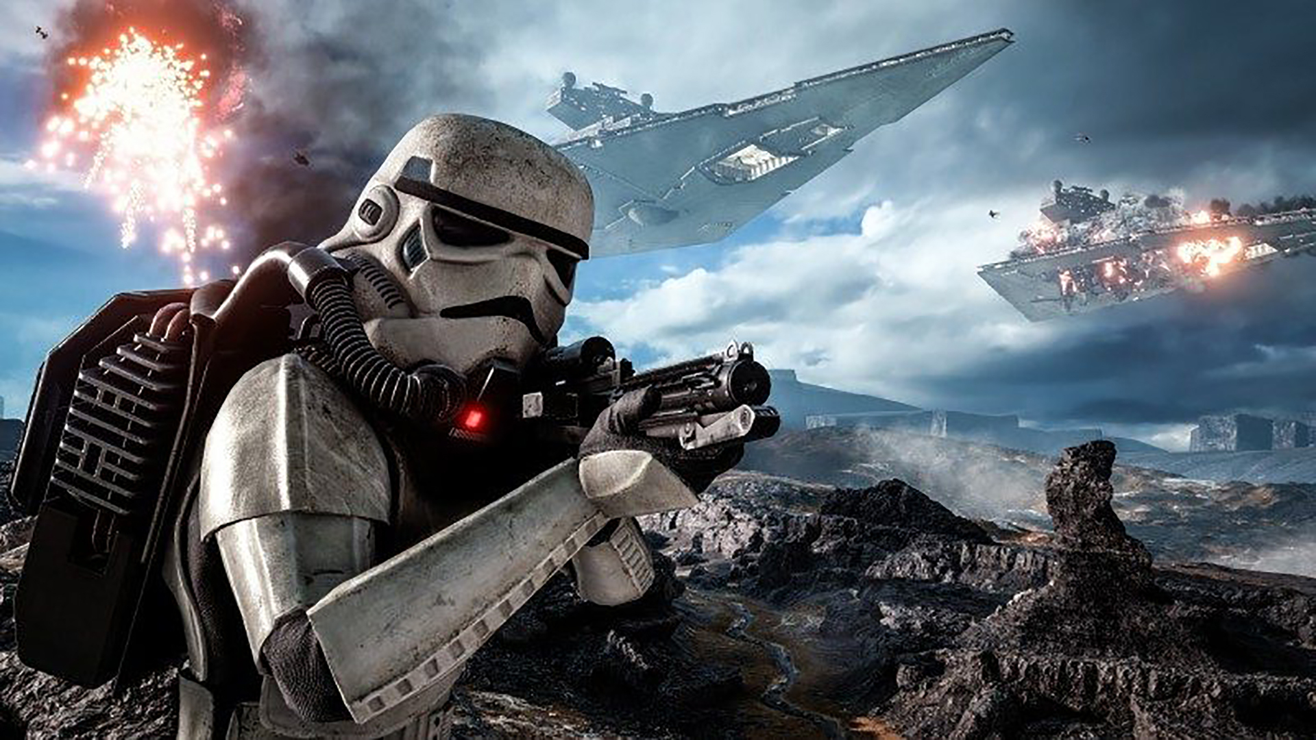 Stormtrooper aiming a blaster in Star Wars Battlefront 2