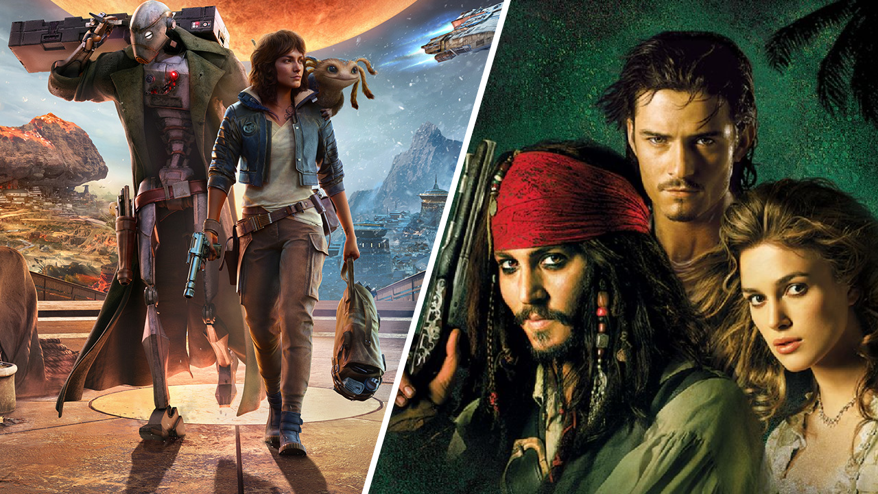 Star Wars Outlaws en la portada a la izquierda y Piratas del Caribe 2 con Jack Sparrow, Will Turner y Elisabeth Swan en la portada a la derecha