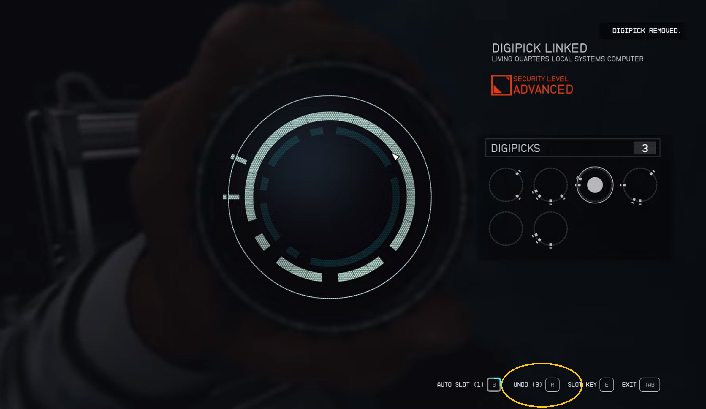 Starfield: Nunca uses el botón de deshacer, ya que seguirá quitando un digipick de tu inventario.
