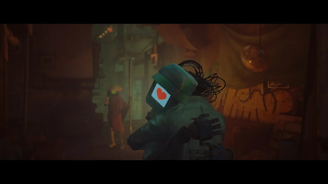 Stray Review: Two robots in the game Stray hugging each other in a cutscene, with one other robot waiting in the background