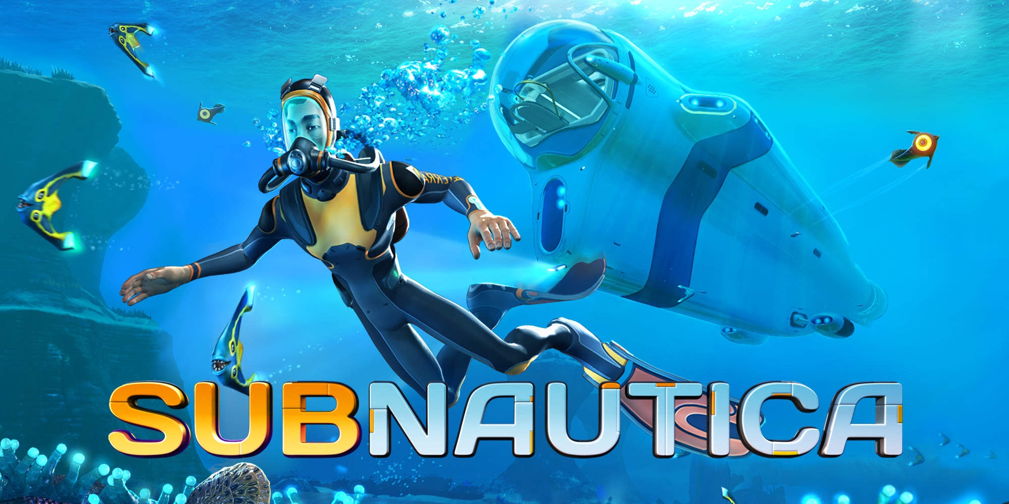 Subnautica keyart showing a diver and a submarine