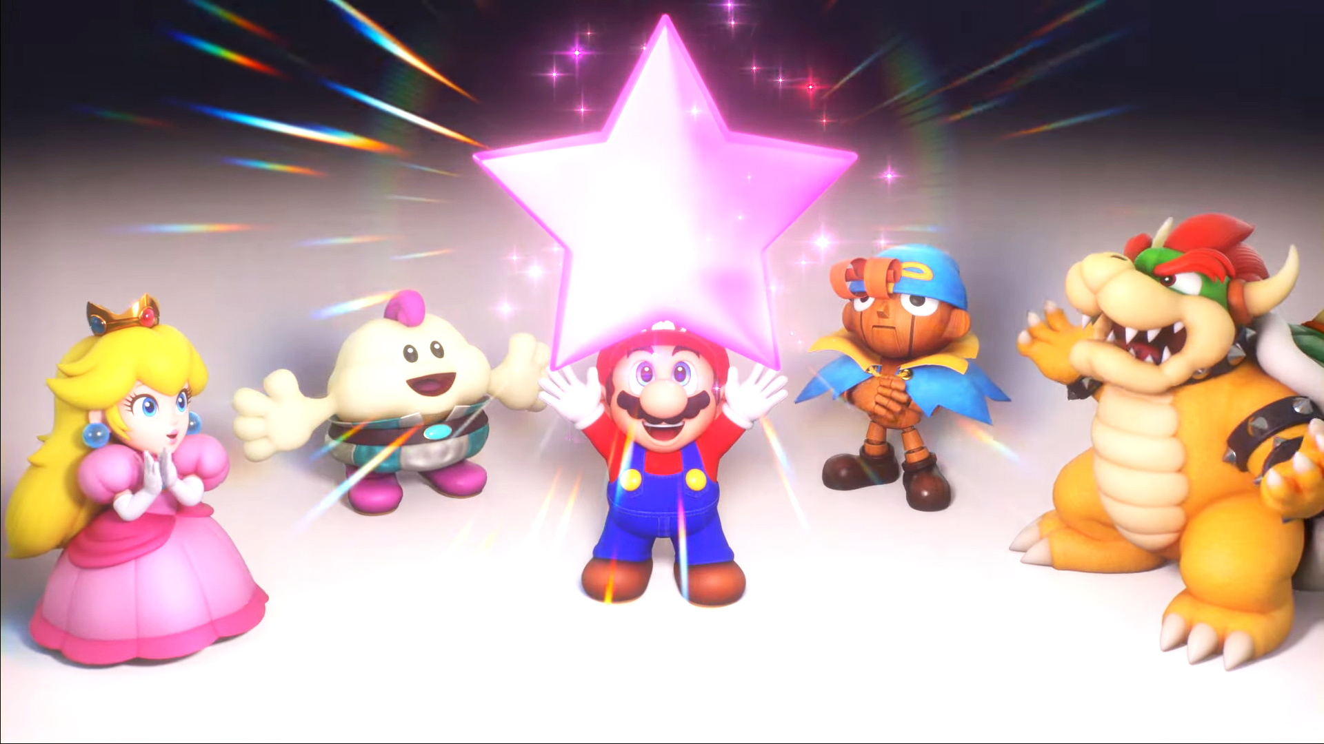 Super Mario RPG screenshot showing Mario holding up a purple star