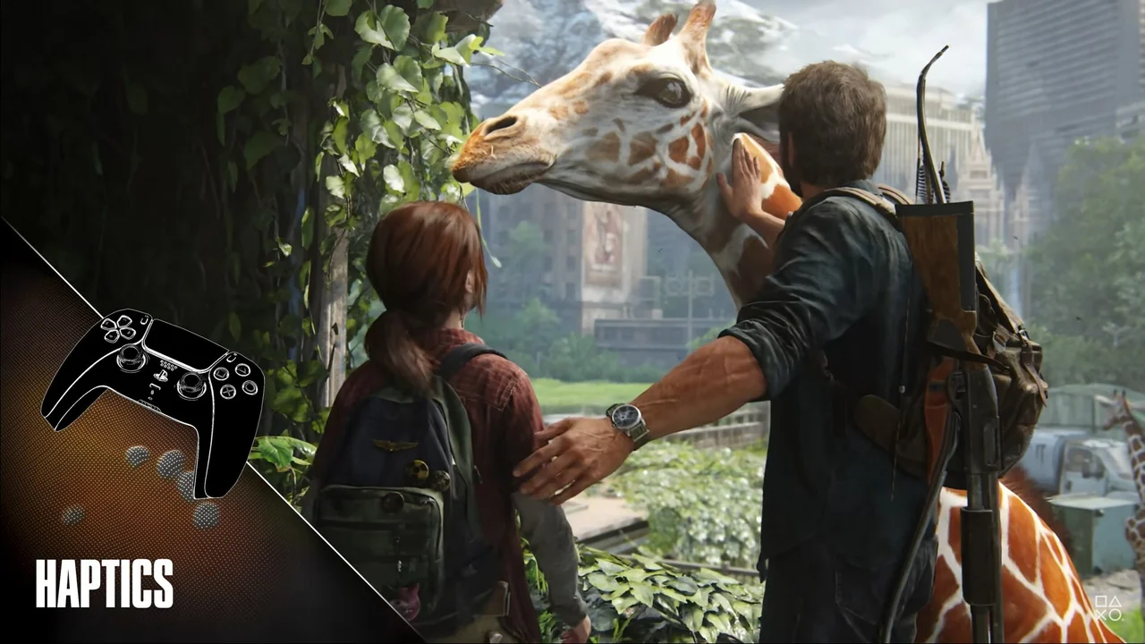 Joel and Ellie petting a giraffe in The Last of Us Part 1