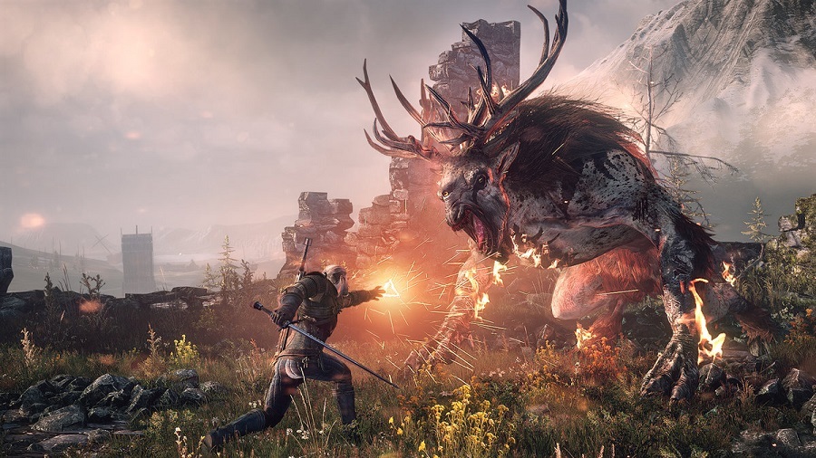 Geralt fighting a monster in The Witcher 3