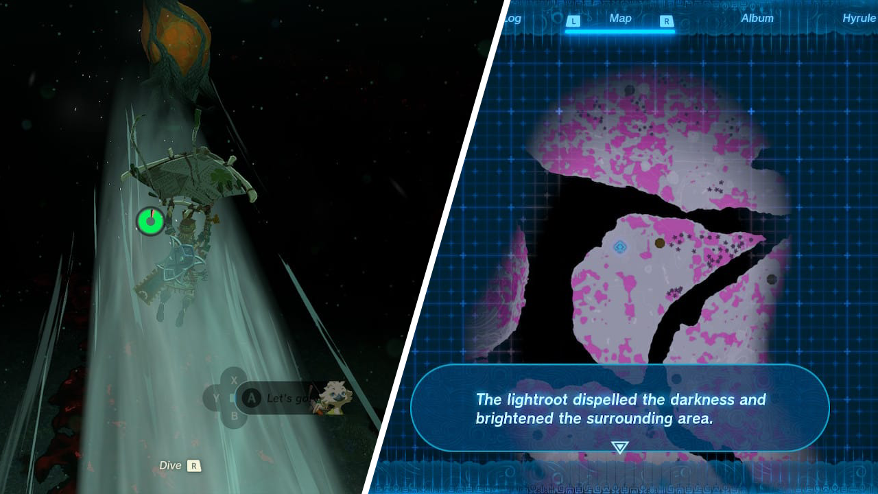 Left: Link gliding through the dark of the Depths towards the Apapes Lightroot. Right: Map showing the illuminated areas of the Apapes Lightroot in the Depths.