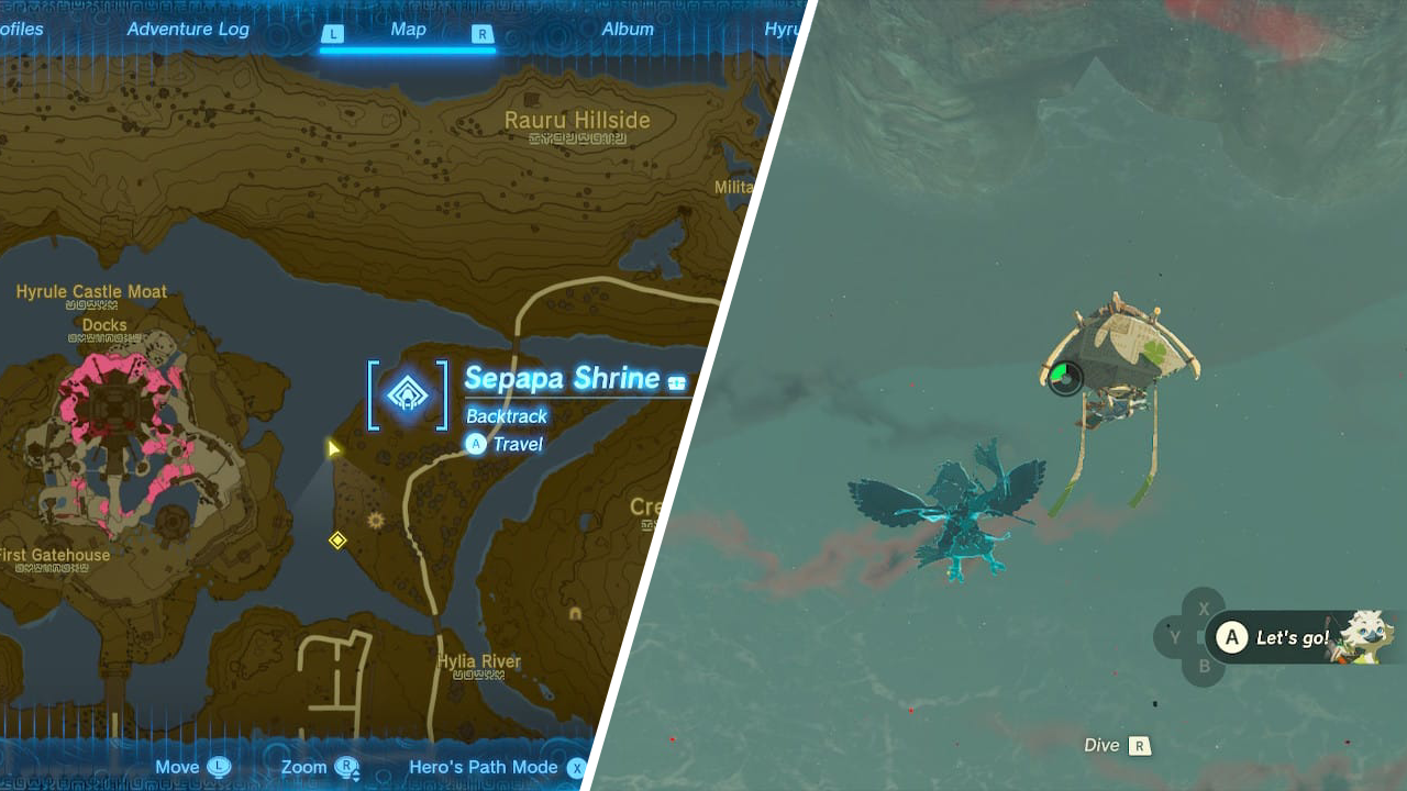 Left: Map showing the location of the Sepapa Shrine and the entrance to the chasm. Right: Link gliding towards the entrance, a cave directly atop the water.