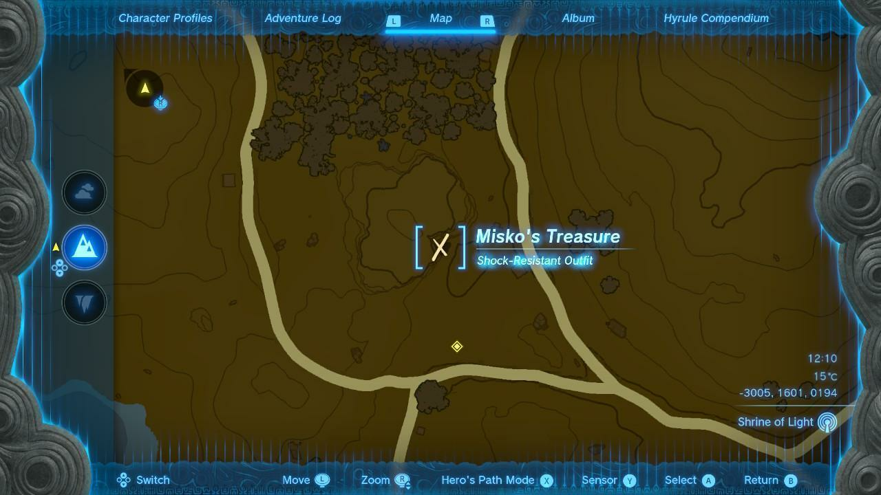 Zelda: Tears of the Kingdom map showing the location of the Shock-Resistant Outfit