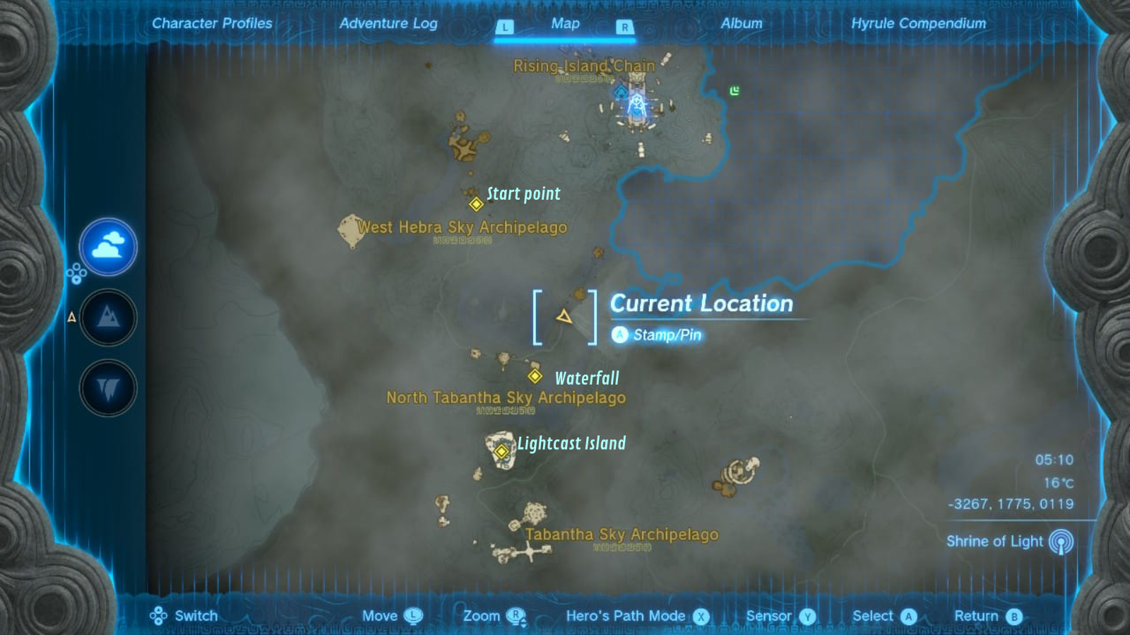 Mapa que muestra el cielo sobre Tabantha Frontier y los diferentes puntos del viaje.