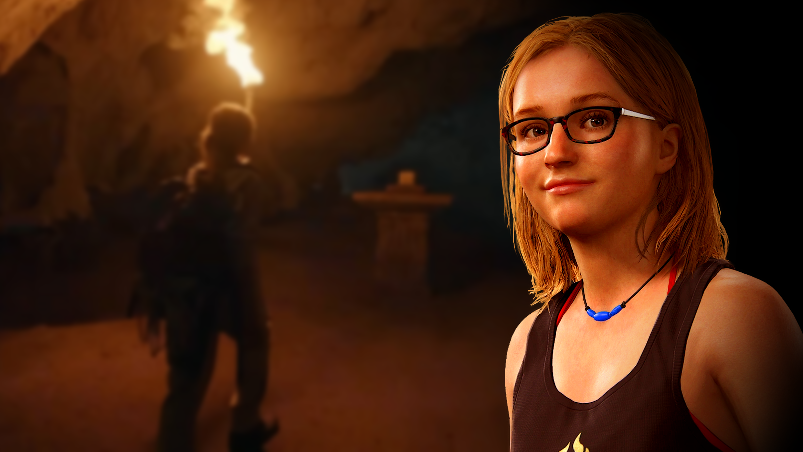 A woman exploring a cave in a new Sony ad and Cassie in Uncharted 4