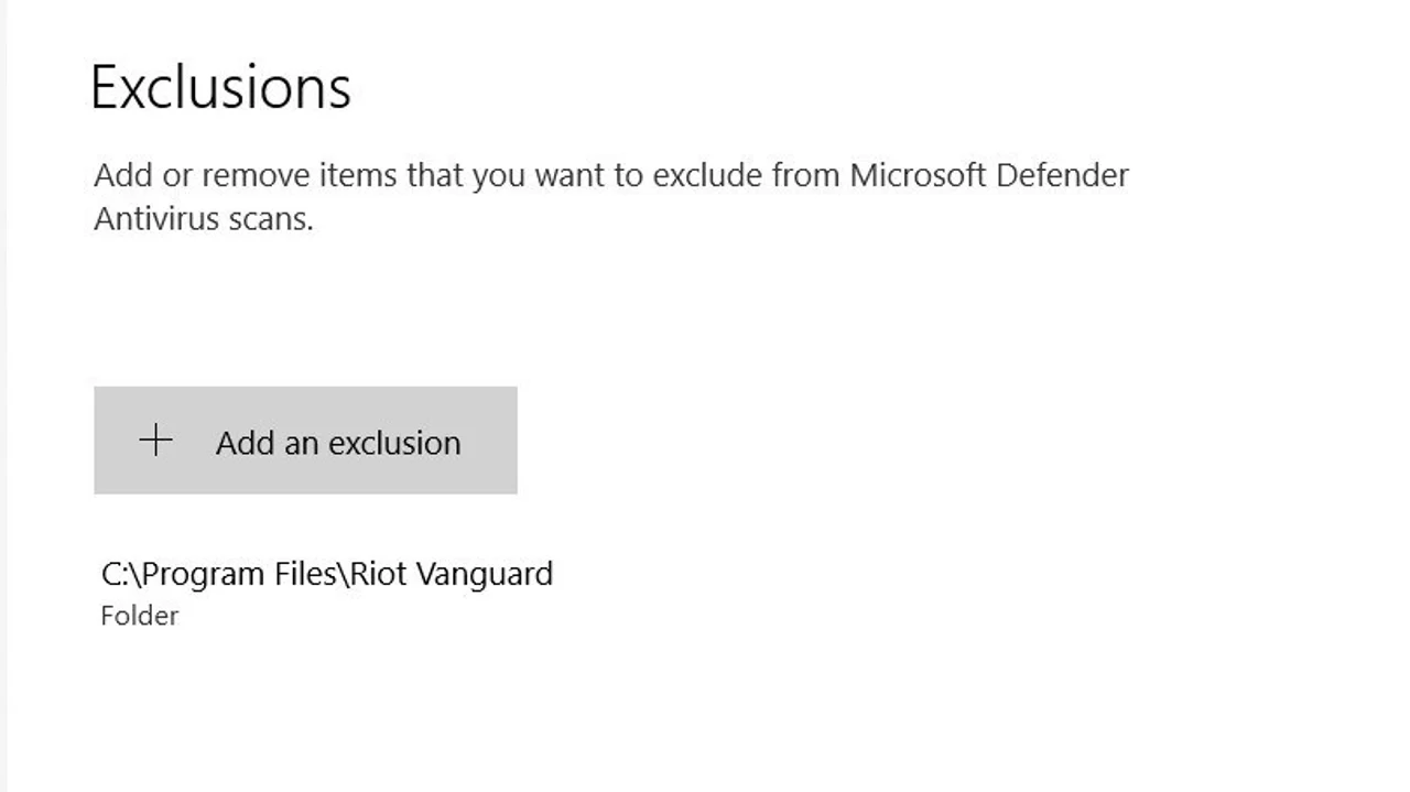 Valorant Vanguard Virus Protection Exclusion