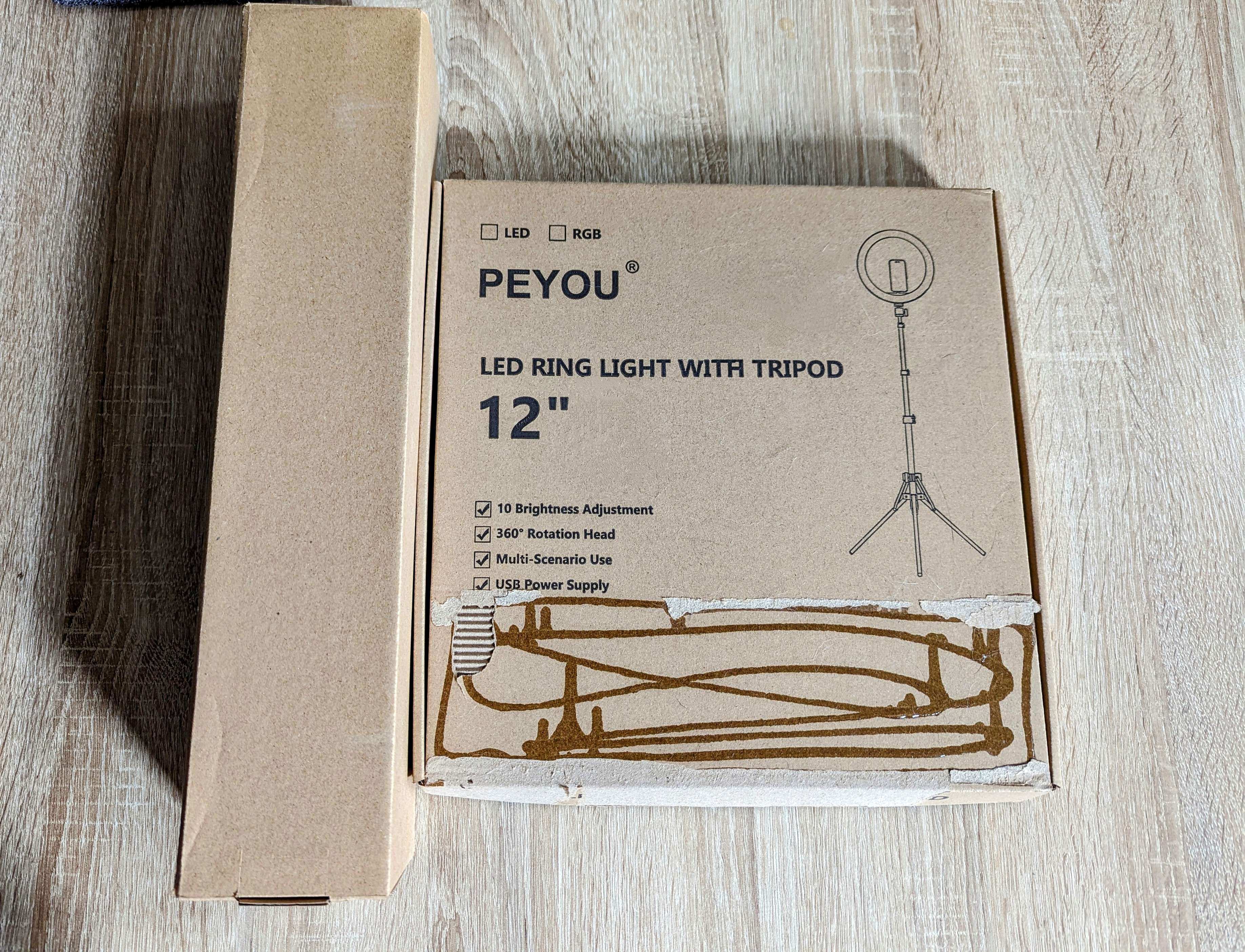 The PEYOU ring light was delivered in a sturdy box separate from the tripod.